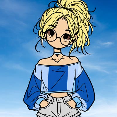 girl with a messy ponytail glasses a baggy crop top and jean shorts