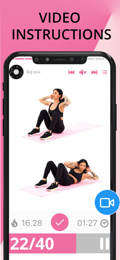 Lose Belly Fat in 30 Days - A mobile app screen displaying video instructions for abdominal exercises with a timer and calorie tracker