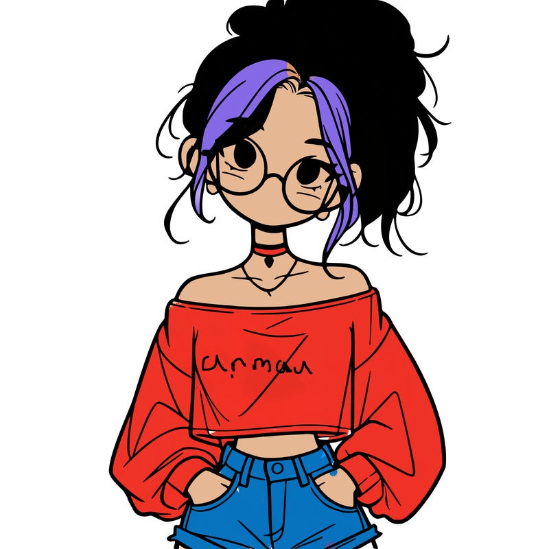 girl with a messy ponytail glasses a baggy crop top and jean shorts