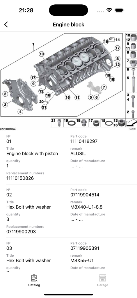 ETK 앱에서 부품 번호와 설명을 보여주는 롤스로이스 엔진 블록의 기술 도면