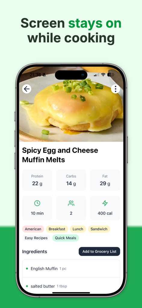 Spicy egg and cheese muffin recipe with nutritional data and keep screen awake feature in Recipe One app