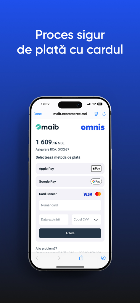 Omnis - Asigurări Online - Interfaz de pago seguro con tarjeta para seguros en la aplicación Omnis