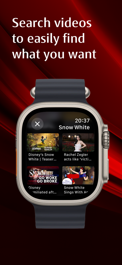 WatchTubeアプリで、白雪姫の動画のYouTube検索結果を表示するApple Watch。