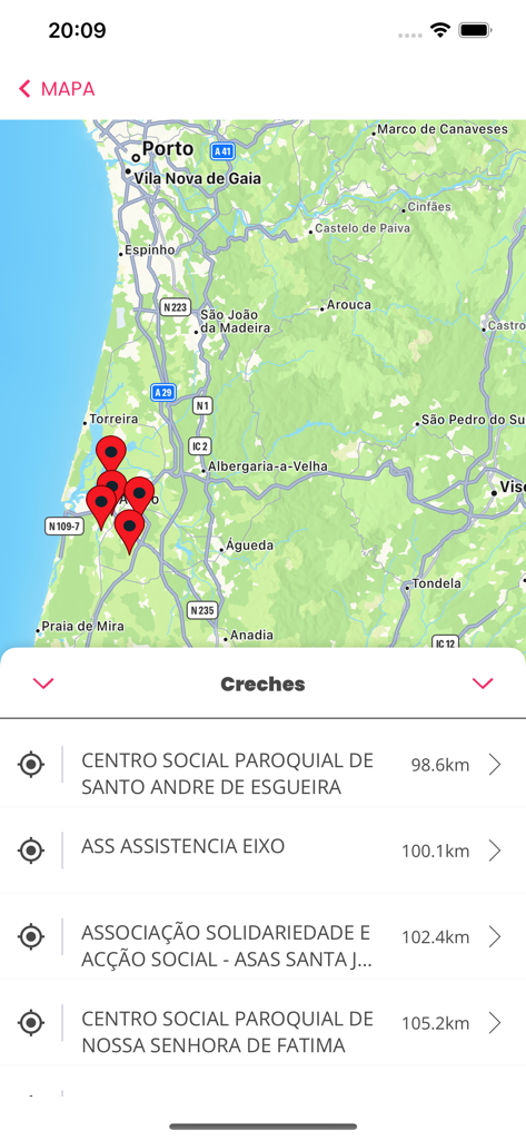 Creche Feliz - Vista de mapa da aplicação Creche Feliz mostrando a localização de creches disponíveis em Portugal