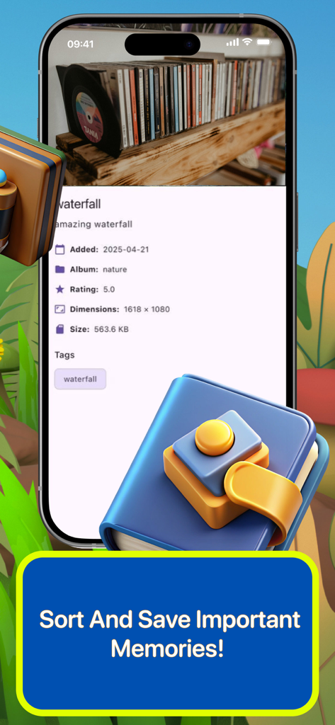 Mlyk PhotoSorter app screen displaying photo metadata like tags and dates to help organize digital memories
