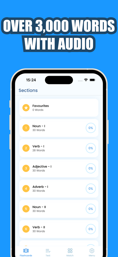 Learn Portuguese • - iPhone screen displaying the Learn Portuguese app sections for nouns, verbs, and adjectives with progress tracking and audio features.