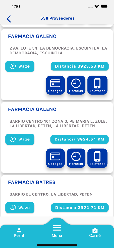Ficohsa Seguros - Liste des prestataires médicaux et des pharmacies dans l'application mobile Ficohsa Seguros indiquant les adresses et les coordonnées.