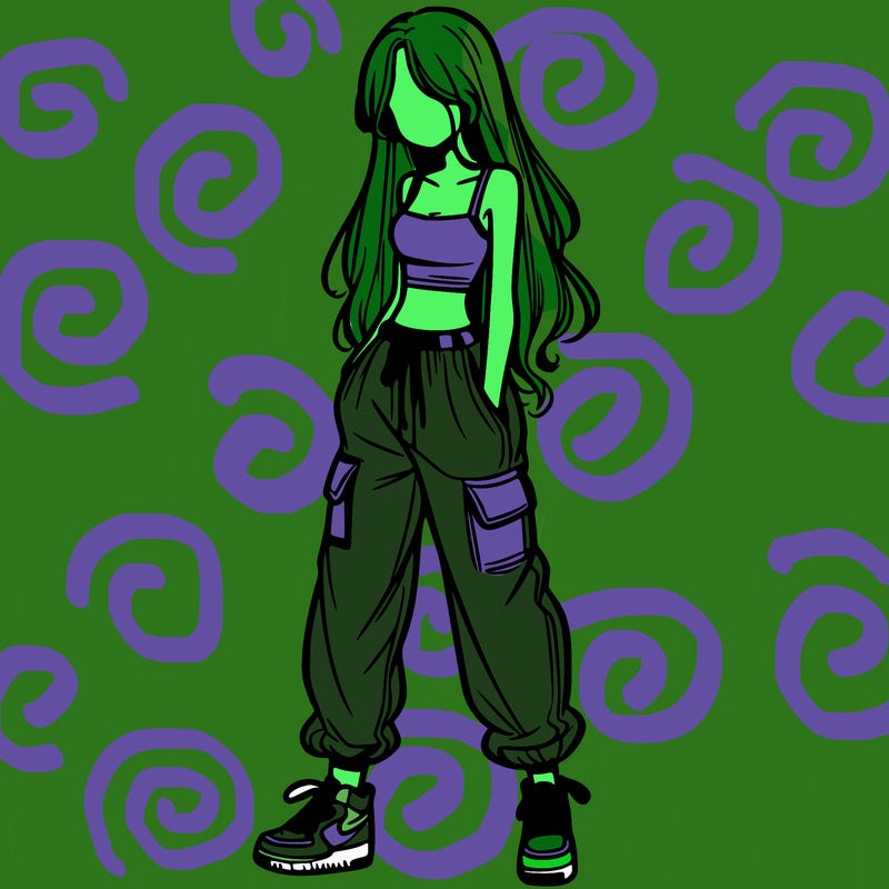 girl in baggy pants crop top and long hair