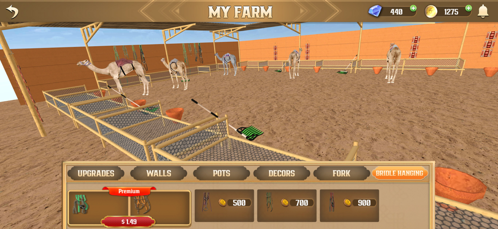 Markad Racing 2024 - Camel farm management screen in Markad Racing 2024 showing stable upgrades and camels.