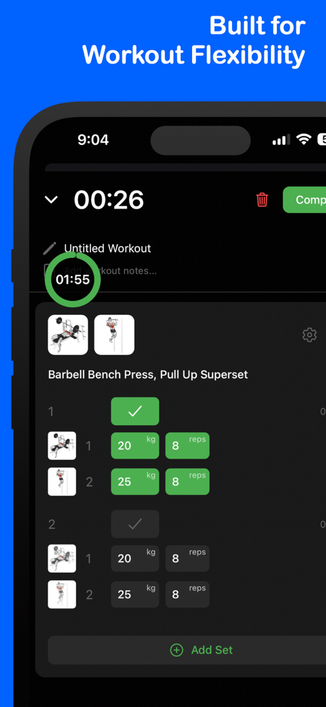 Fitlog Workout Tracker Gym Log - Interfaz de la aplicación Fitlog para registrar un superset de press de banca con barra y dominadas con peso y repeticiones