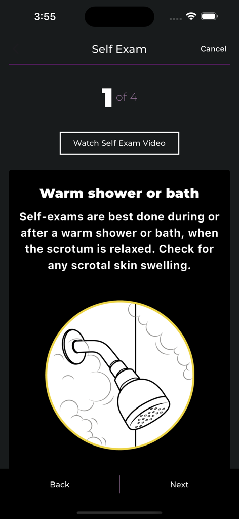 Ball Checker app self exam instructions step one warm shower recommendation