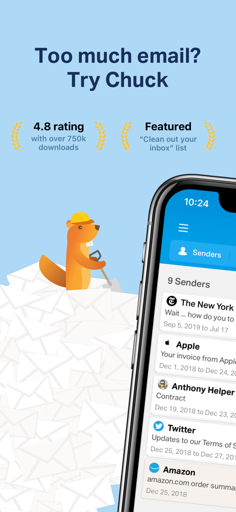 Marketing screen for Chuck email app featuring a beaver mascot and an iPhone showing grouped email senders