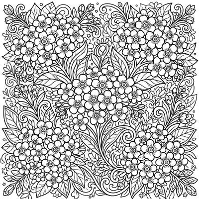 Delve into the serene beauty of nature with this intricate adult coloring page, featuring a bountiful display of delicate forget-me-not flowers. This detailed design offers a wonderful opportunity for mindful relaxation and artistic expression, perfect for experienced colorists.