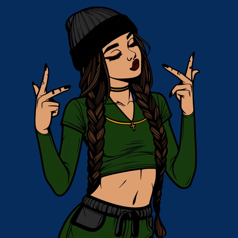 realistic teenage girl with braids and a beanie and crop top doing 🫶🏼