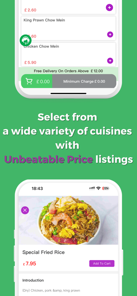 Interface of All Eat food delivery app showing a menu with affordable Chinese cuisine and unbeatable price listings.