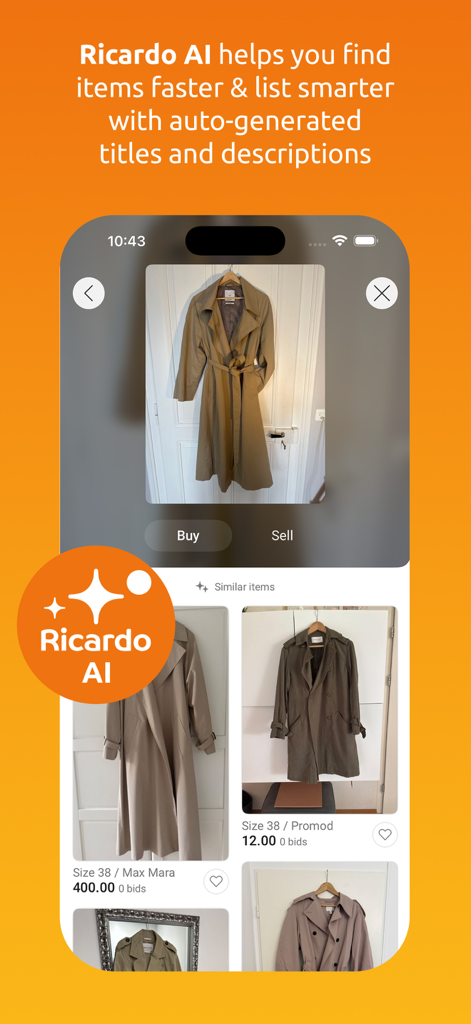 Ricardo App-Oberfläche, die KI-visuelle Suchergebnisse für einen Trenchcoat mit ähnlichen Artikellisten anzeigt