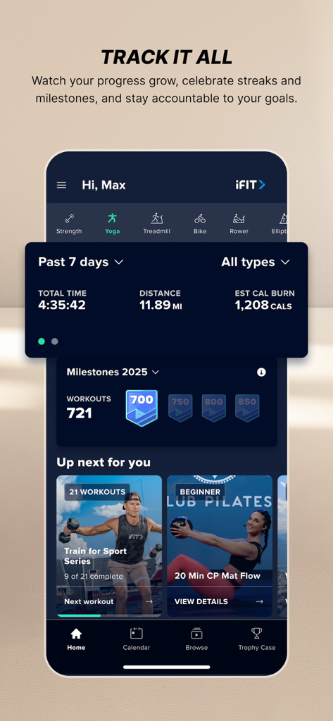 Das iFIT Workouts App Dashboard zeigt persönliche Fitnessstatistiken und Meilensteine an