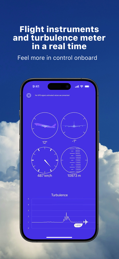 Écran de l'application SkyGuru affichant des instruments de vol en temps réel et un graphique de mesure des turbulences pour les passagers anxieux.