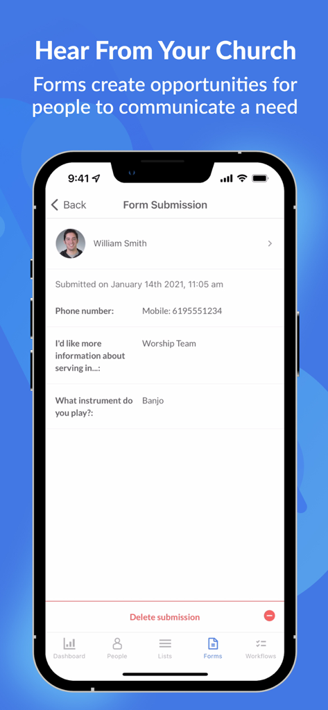 Ein mobiler Screenshot einer Formularübermittlung eines Kirchenmitglieds innerhalb der Planning Center People Management-App