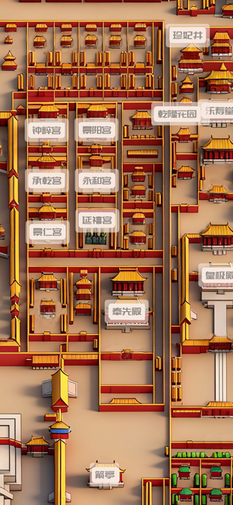3D architectural map of the Forbidden City with Chinese location labels for audio tour navigation