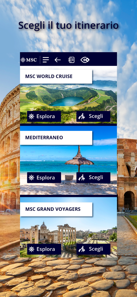 MSC 360VR - Screenshot of the MSC 360VR app menu for selecting cruise itineraries