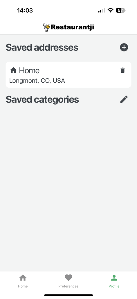 Restaurantji Dining Guide - Profile view in Restaurantji app featuring saved addresses and categories