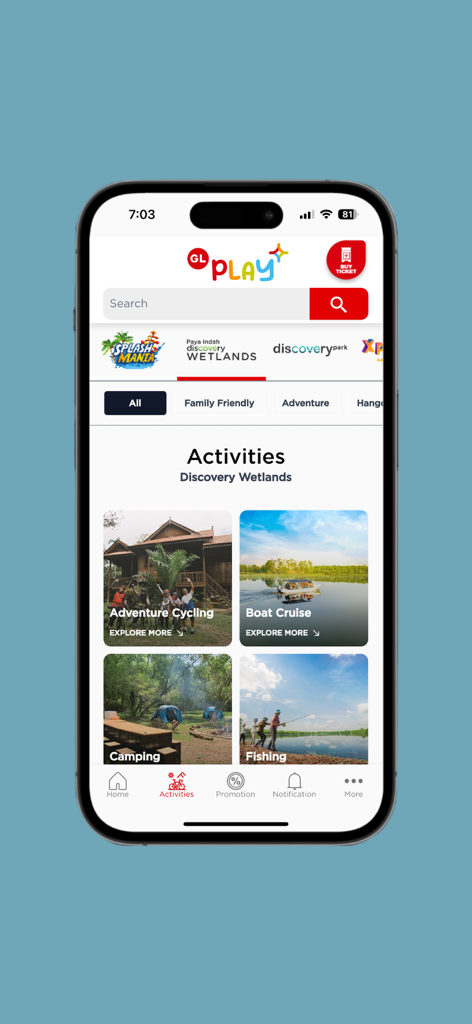 GL Play - GL Play app interface showing Discovery Wetlands outdoor activities like cycling and boat cruises