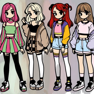 one girl with crop-top shirt and a jacket with a skirt, long socks and another girl with a shirt and pants with a jacket