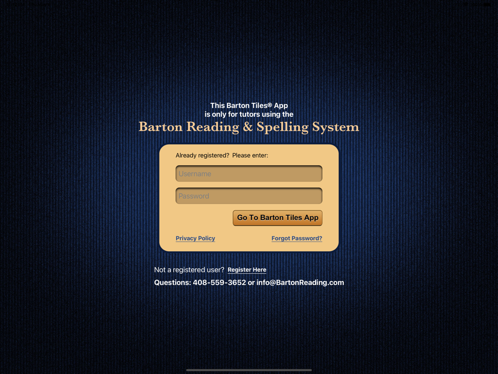 Barton Tiles® - Login screen for the Barton Tiles app showing username and password fields for registered tutors