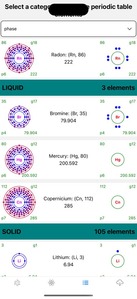 Periodic-Table-Elements Pro - Vue de liste des éléments chimiques dans l'application Table périodique des éléments Pro montrant les diagrammes de distribution électronique et les structures de Lewis.