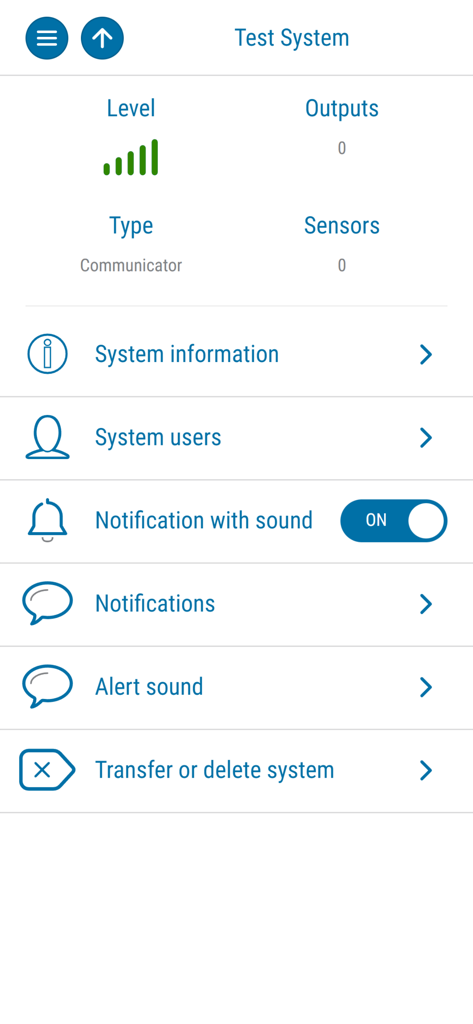 Protegus Smart Security - Settings screen of the Protegus Smart Security app showing system information and notification controls