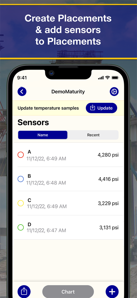 COMMAND Center™ Concrete 4 - Mobile app interface displaying a list of concrete sensors with real-time pressure readings in psi