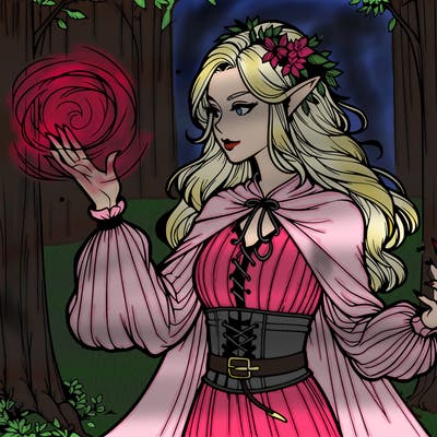 realistic elf in forest using her magic powers