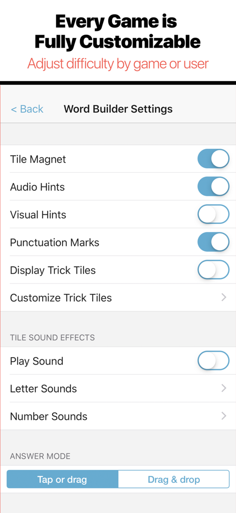 Bitsboard Flashcards PRO - Bitsboard Flashcards PRO word builder settings screen showing game customization options