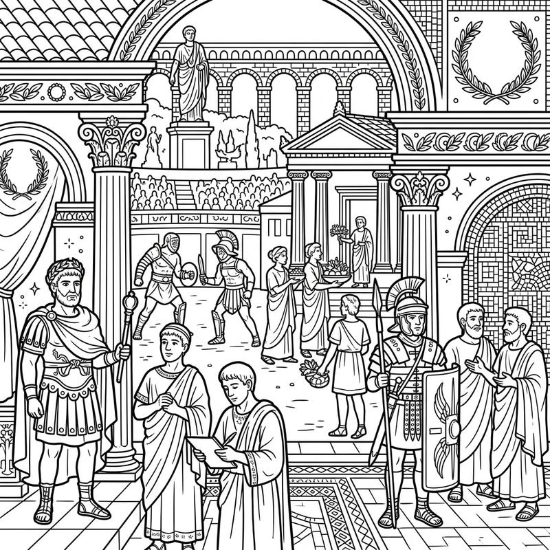 Journey through history with this intricate coloring page featuring emperors, gladiators, legionaries, and citizens from the Roman Empire. Discover the vibrant life of antiquity as you bring these iconic figures and detailed architectural scenes to color.