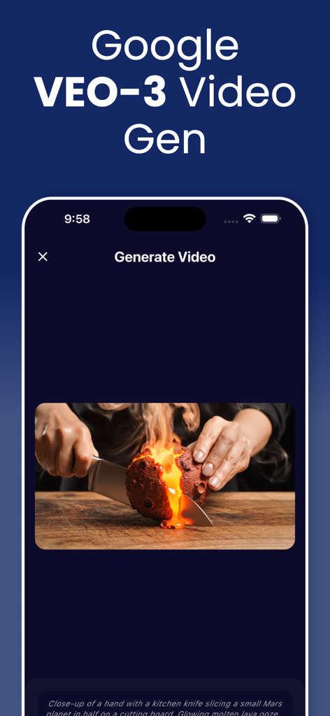 Omni AI - ChatBot Assistant - Interfaz de la app Omni AI mostrando la función de generación de video con un prompt para un cuchillo cortando un pequeño planeta Marte con lava derretida