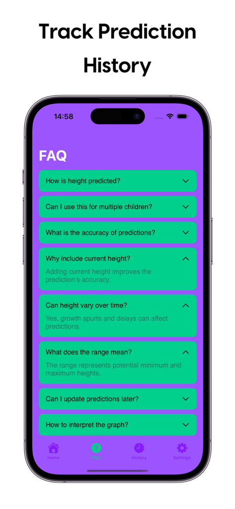 FAQ screen of the Height Predictor App showing questions and answers about child height estimation