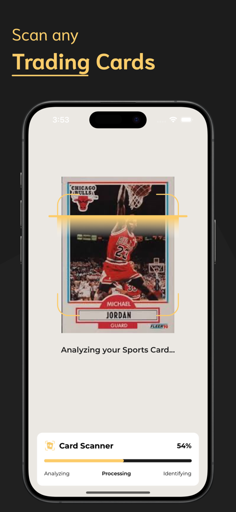 Sports Card Scanner - SC - Smartphone screen showing the Sports Card Scanner app analyzing a Michael Jordan trading card using AI identification
