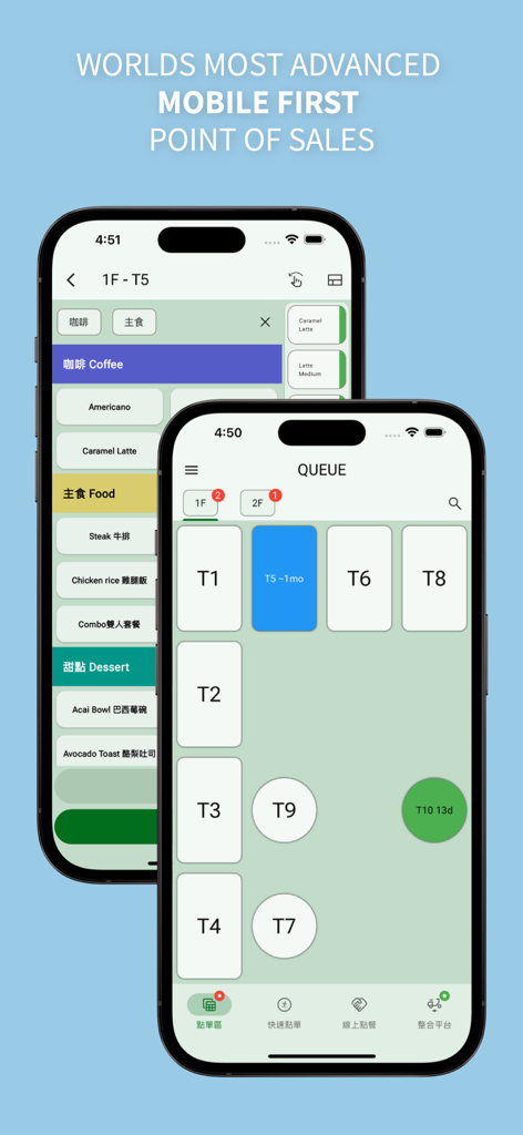 QUEUE Cloud - Interface do aplicativo de PDV móvel QUEUE Cloud exibindo gerenciamento de mesas e cardápio digital em iPhones