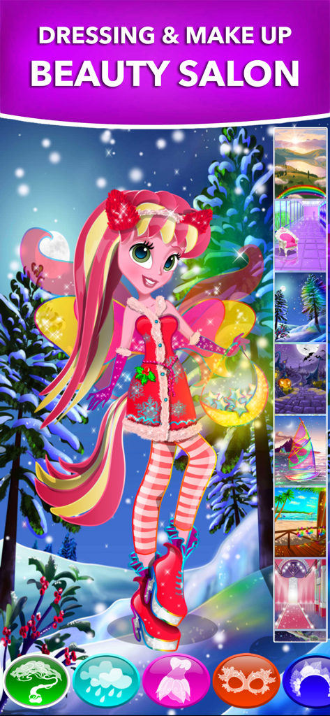 Pony Dolls Dress Up Games - Un personaggio pony rosa in un abito invernale all'interno dell'app Pony Dolls Beauty Salon.