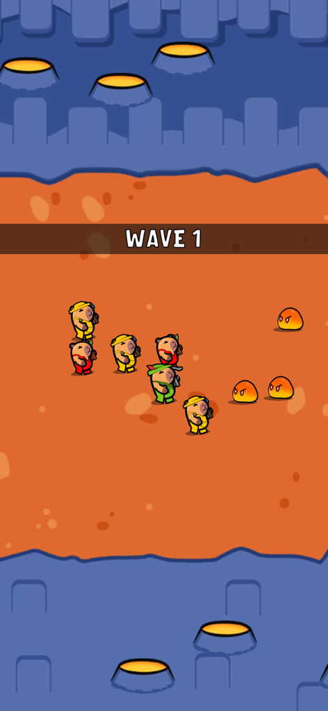 CappyBara Merge Clash - Capybara warriors facing off against orange slimes in a wave one battle scene