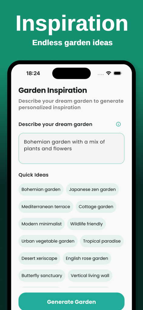 Gardenby AI mobile app screen showing landscape design inspiration and various garden styles.