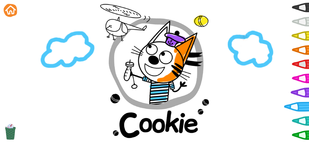 Digital coloring page featuring Cookie from Kid-E-Cats with colored pencils