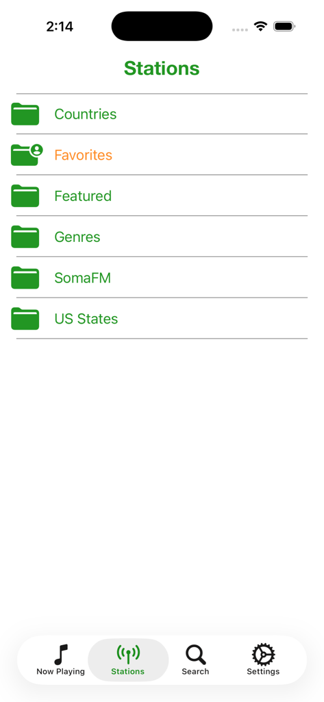 FrogRadio app interface showing radio station categories like Countries Favorites and Genres with a bottom navigation bar.