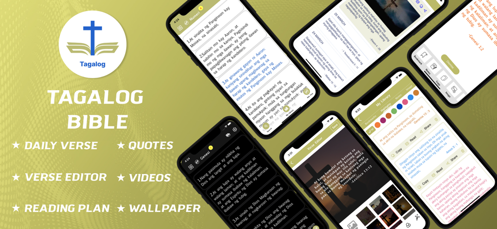 Tagalog Bible - offline - Exibição do aplicativo da Bíblia em Tagalo mostrando versículos diários e recursos de leitura espiritual em telefones celulares
