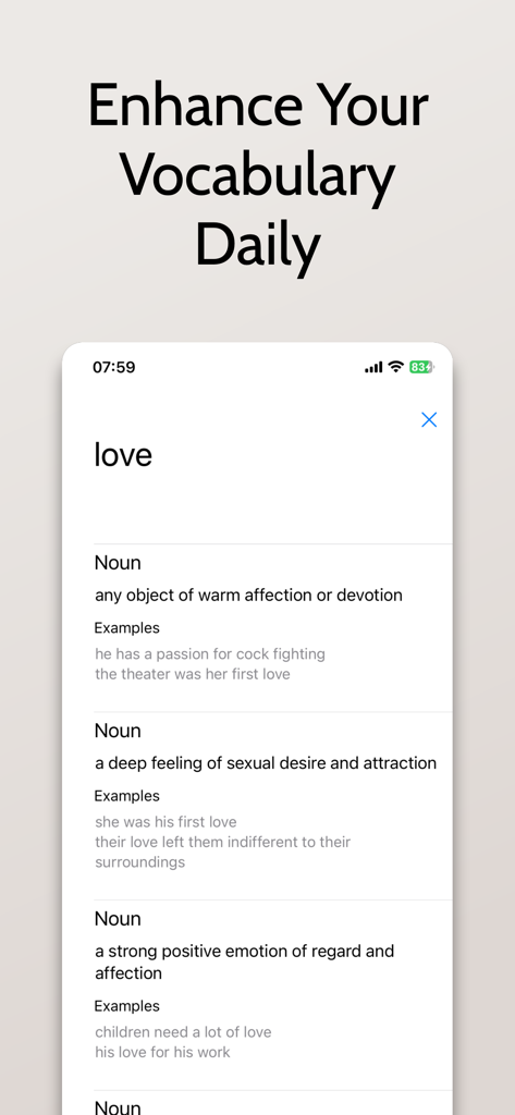 A mobile screen showing the definition and usage examples for the word love in the German English Dictionary app.
