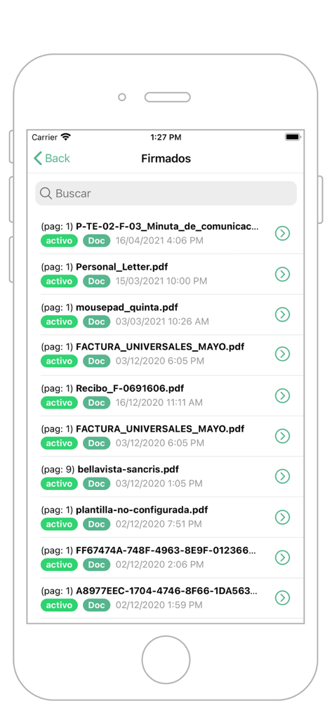 Prisma Sign - A list of signed PDF documents within the Prisma Sign app showing file names and status tags