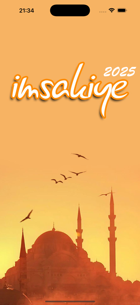İmsakiye - 2026 - Home screen of Imsakiye 2026 app with a silhouette of a mosque during sunset