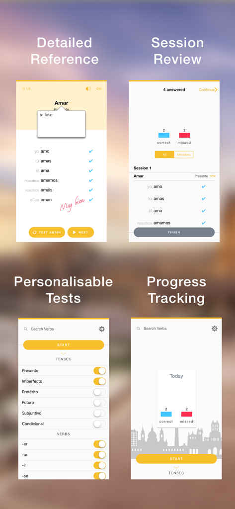 Interfaz de la app Conjuu mostrando ejercicios de conjugación de verbos españoles y seguimiento del progreso.