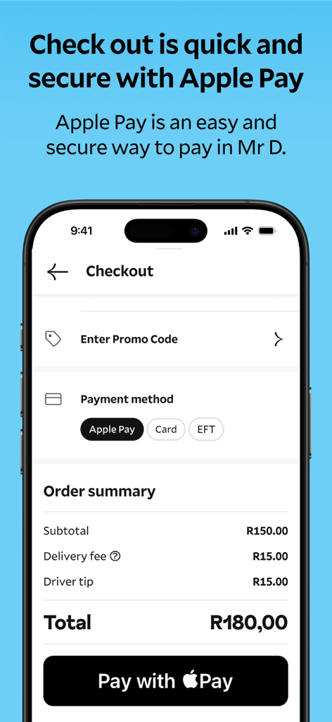 Mr D - Groceries & Takeaway - Checkout screen of the Mr D app featuring Apple Pay payment method and order summary